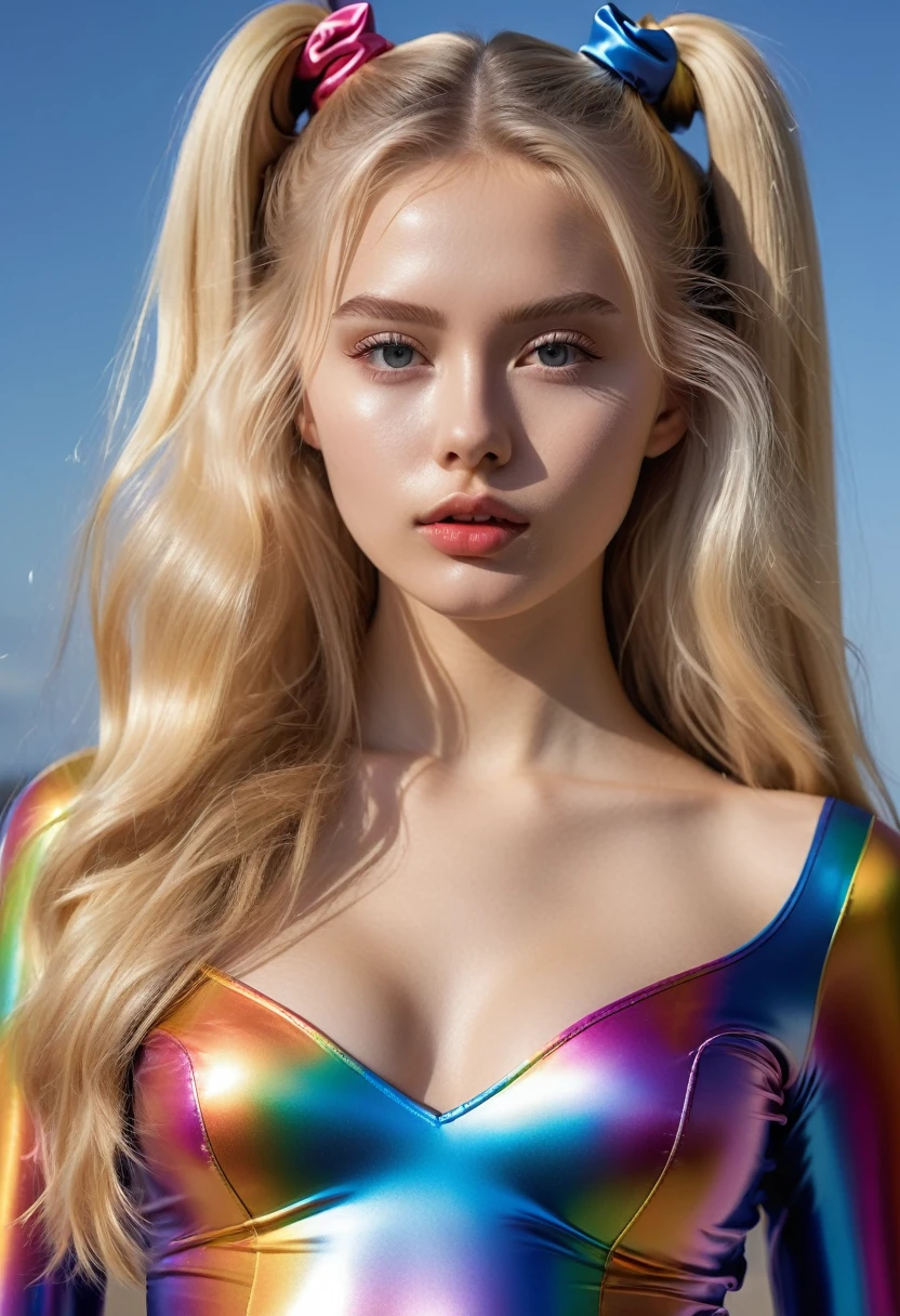 Wearing a shiny colored catsuit、Surrealistic beautiful 18 year old woman with scrunchie back, Model shoot photoshoot, very long blonde straight hair, 8k, Highest quality, masterpiece, Ultra-high resolution, (realism: 1.4), Original photo, (Realistic skin texture: 1.3), (Film Cone: 1.3), (Selfie angle), 1 girl, Beautiful eyes and facial details, masterpiece, Highest quality,