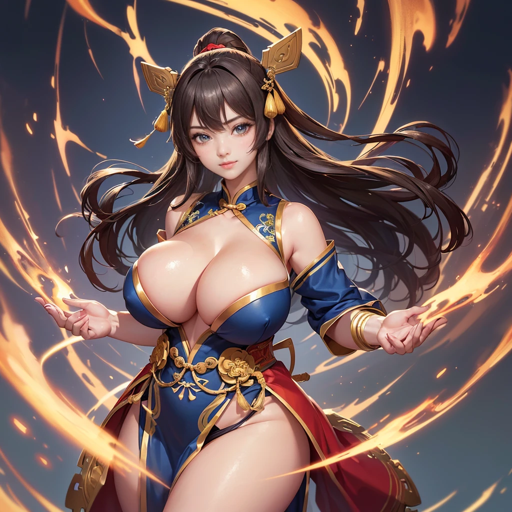 Highly detailed CG unit 8k wallpaper, masterpiece, High resolution, highest quality, highest quality real texture skin, Super Real, Digital Painting, Best image quality, 最High resolution, 8k, ((Highly detailed eyes and face)), 1girl, Beautiful eyes every detail, Full Body Shot, breast focus, Put your chest close, chinese style embroidery, china dress, slit, Thighs, ((disproportionate breasts, huge breasts, sagging breasts, Cleavage, gigantic breasts, Saggy breasts, Gravity-dependent breasts, long chest, Heavy chest, erect nipple)), Squint your eyes, smile, ((Diao Chan, Three Kingdoms,,)), lewd, Prostitute, Lady of Court, kimono, china dress,
