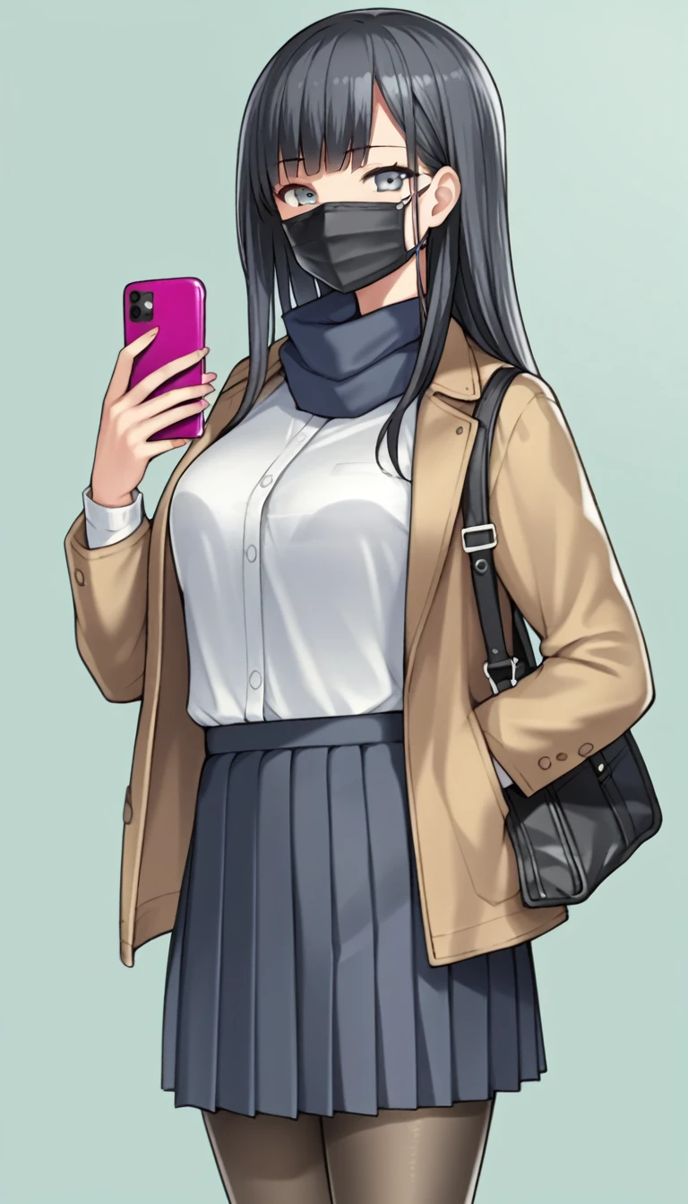 score_9, score_8_up, score_7_up, by bosshi, anime screencap BREAK source_anime, rating:explicit, 1girl, mask, phone, solo, pantyhose, skirt, long hair, mouth mask, cellphone, holding phone, holding, smartphone, jacket, looking at viewer, bag, simple background, bangs, breasts, pleated skirt, hayakawaak, black hair, grey eyes