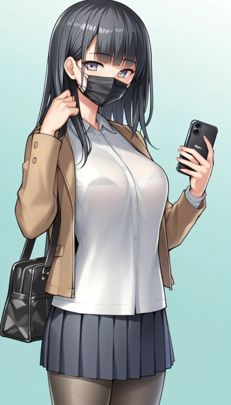 score_9, score_8_up, score_7_up, by bosshi, anime screencap BREAK source_anime, rating:explicit, 1girl, mask, phone, solo, pantyhose, skirt, long hair, mouth mask, cellphone, holding phone, holding, smartphone, jacket, looking at viewer, bag, simple background, bangs, breasts, pleated skirt, hayakawaak, black hair, grey eyes