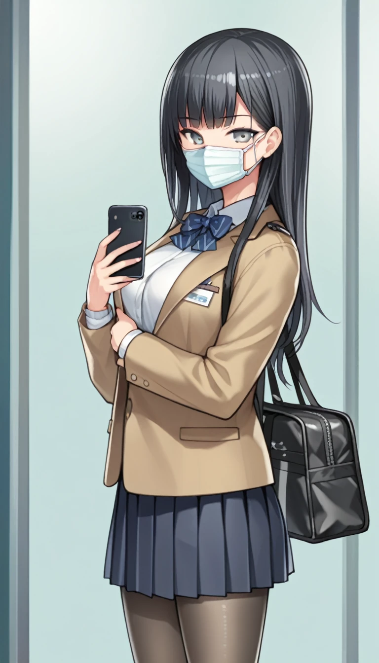 score_9, score_8_up, score_7_up, by bosshi, anime screencap BREAK source_anime, rating:explicit,  1girl, mask, phone, solo, pantyhose, skirt, long hair, mouth mask, cellphone, holding phone, holding, smartphone, jacket, looking at viewer, bag, simple background, bangs, breasts, pleated skirt, hayakawaak, black hair, grey eyes