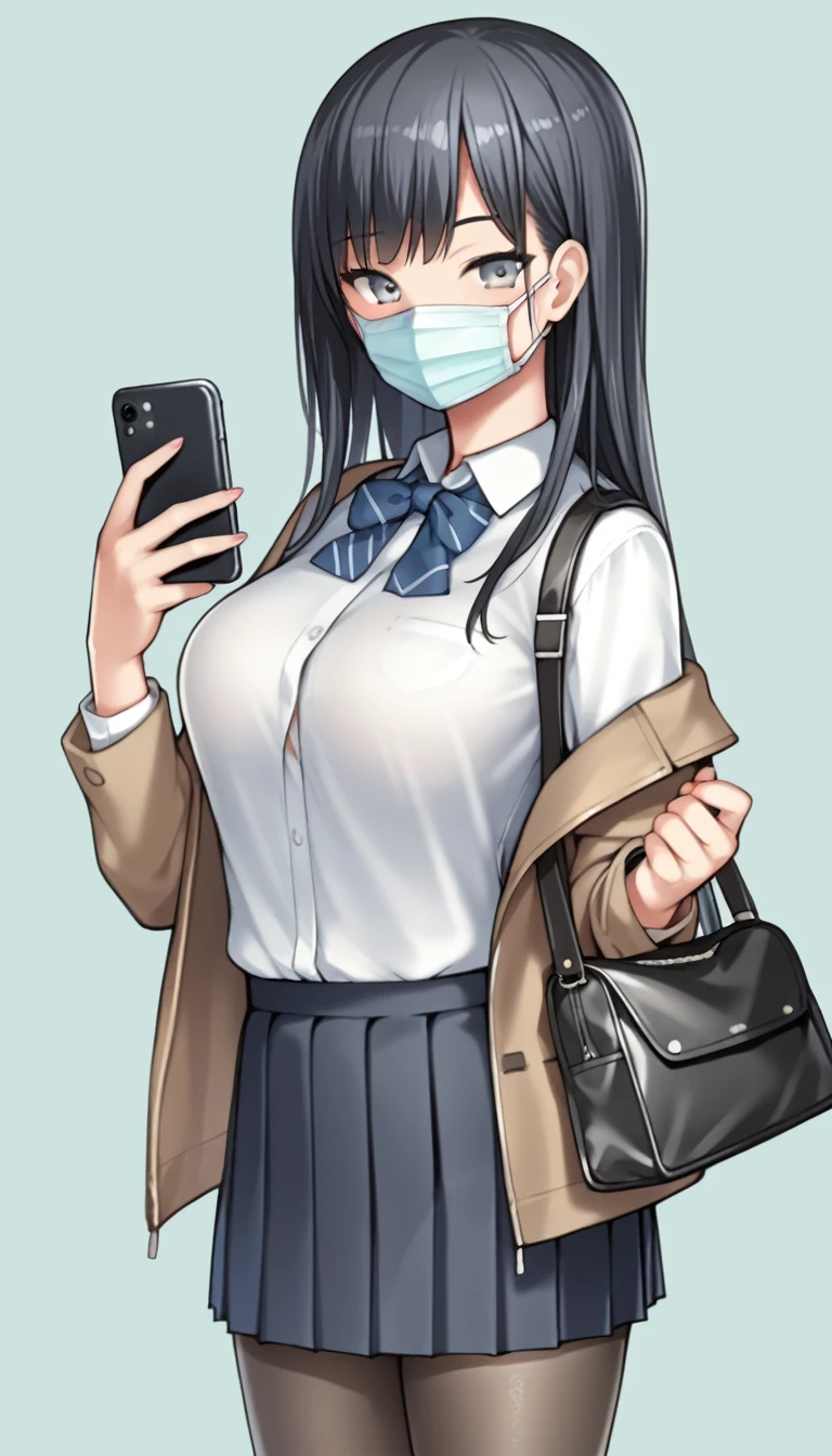 score_9, score_8_up, score_7_up, by bosshi, anime screencap BREAK source_anime, rating:explicit,  1girl, mask, phone, solo, pantyhose, skirt, long hair, mouth mask, cellphone, holding phone, holding, smartphone, jacket, looking at viewer, bag, simple background, bangs, breasts, pleated skirt, hayakawaak, black hair, grey eyes