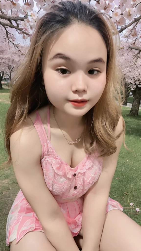 (super highest quality:1.3) (very realistic, Photoreal:1.3), (Realistic and very high quality:1.3), soft light, (brown hair, 1 girl, highly detailed eyes and face, beautifully detailed nose, thin and beautiful eyes, Pure beauty, cute, young, (smaller and flat chest), realistic face, realistic body, beautiful thigh, lace camisole top, mini skirt, full-body porttrait, , sitting, open legs, cherry blossom background