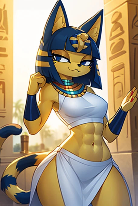 ((masterpiece)), ((best quality)), ((perfect face)), trending on artstation, furry, furry style , anthro style, digital artwork of a sexy ankha with rock hard abs, a bare midriff and a bare navel wearing a crop top of her sleeveless white dress with long white dress skirt, blue Egyptian handbands, yellow and blue fur, cat, tail, female, Egyptian setting, smug face