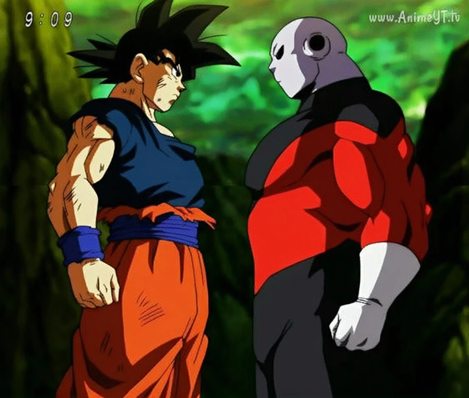 a cartoon of two characters in a forest with trees, Frame from the robot Goku movie., Dragon Ball Super, facing a duel, dragon ball z style, Dragon Ball art style, Today&#39;s featured anime still., dragon ball style, dragon ball character, dragon ball concept art, Official Art, anime fight, leaked image, saiyajin armadura, high quality anime movie still