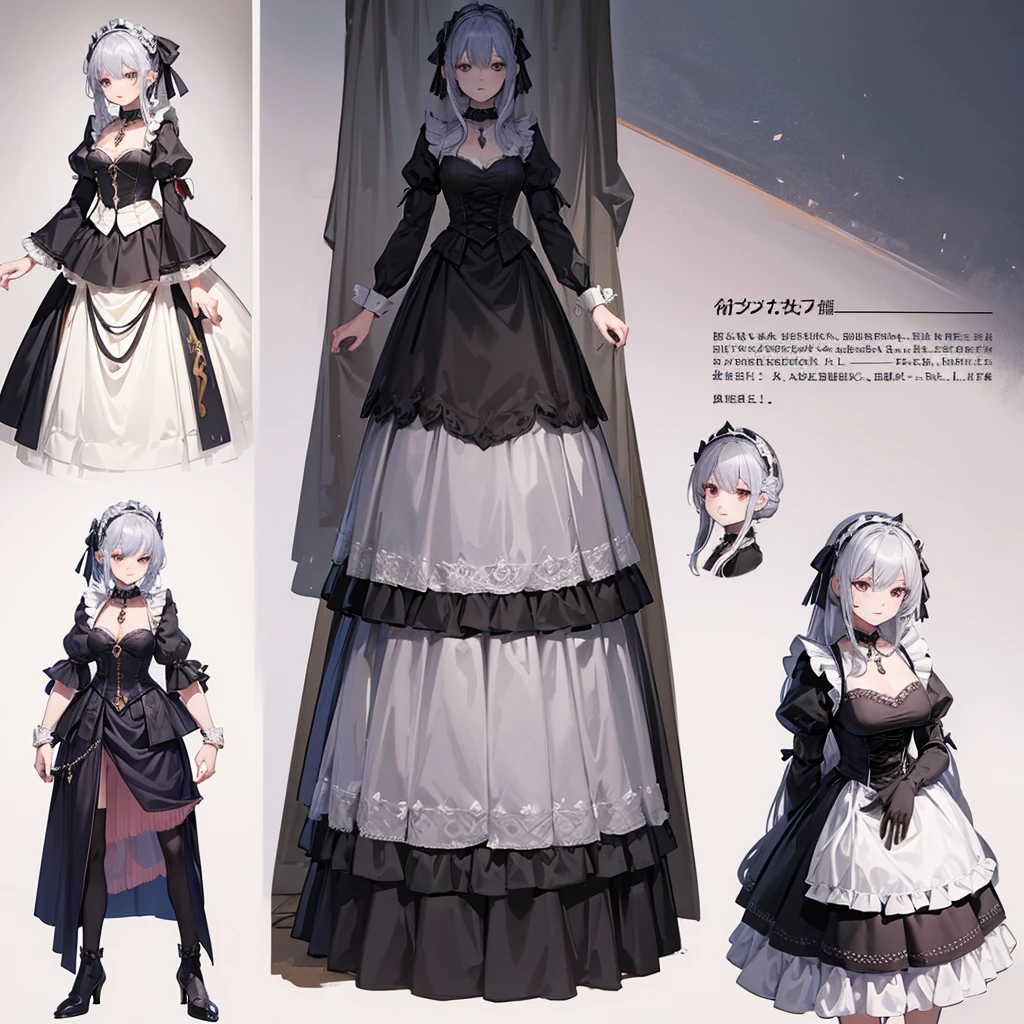 Maid clothes、 Medieval Fantasy、Knight Woman（Cross Necklace　noble）,vampire、 4 poses,(Character Sheet:1) (Multiple Views Full Body Upper Body Reference Sheet:1)