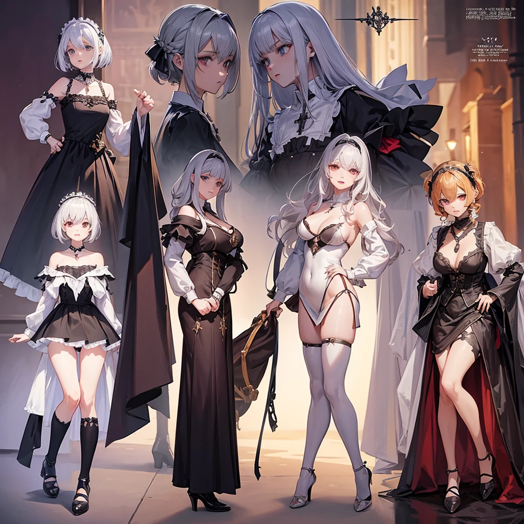 Maid clothes、 Medieval Fantasy、Knight Woman(Cross Necklace noble),vampire、 4 poses,(Character Sheet:1) (Multiple Views Full Body Upper Body Reference Sheet:1)