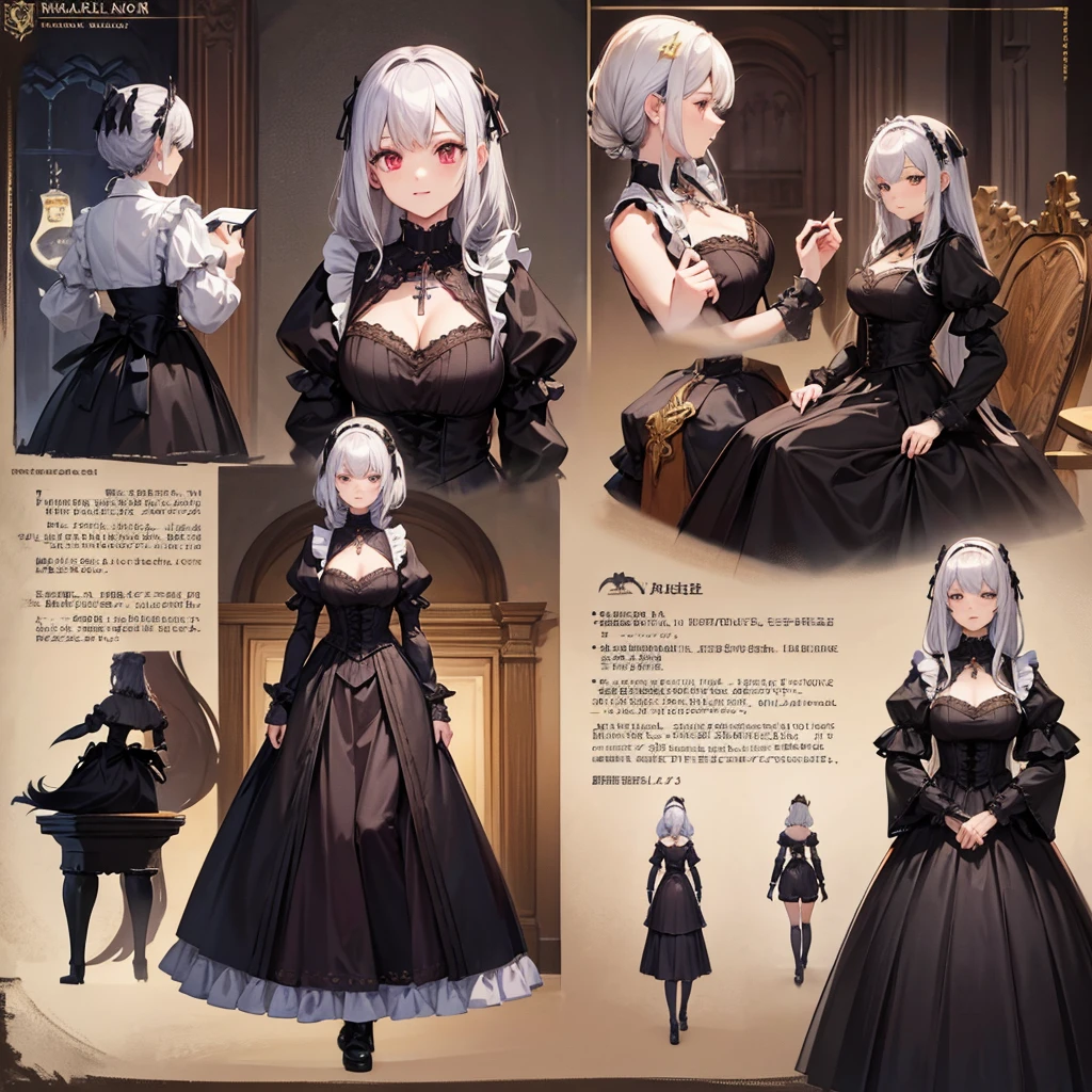 Maid clothes、 Medieval Fantasy、Knight Woman(Cross Necklace noble),vampire、 4 poses,(Character Sheet:1) (Multiple Views Full Body Upper Body Reference Sheet:1)