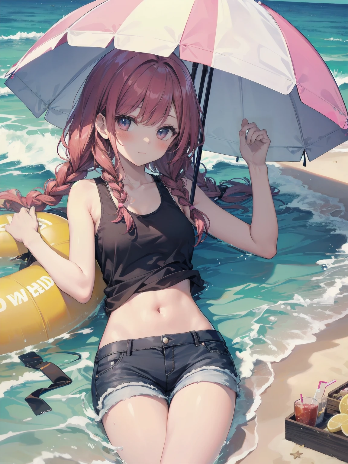 (Masterpiece: 1.2), (Best quality: 1.2), high resolution, detailed. BREAK. ((Cute girl with red hair in twin braids)), (1, pink tank top and shorts, , content expression: 1.3), drinking cold lemonade with straw, lying on beach towel. BREAK. Sunny beach, large umbrella, sandy beach, ocean with gentle waves, people playing in water. BREAK. ((Bright sunlight)), shimmering water, small portable fan nearby. BREAK. ((Positive: 1.3)). BREAK. Cheerful digital illustration, beach vacation mood