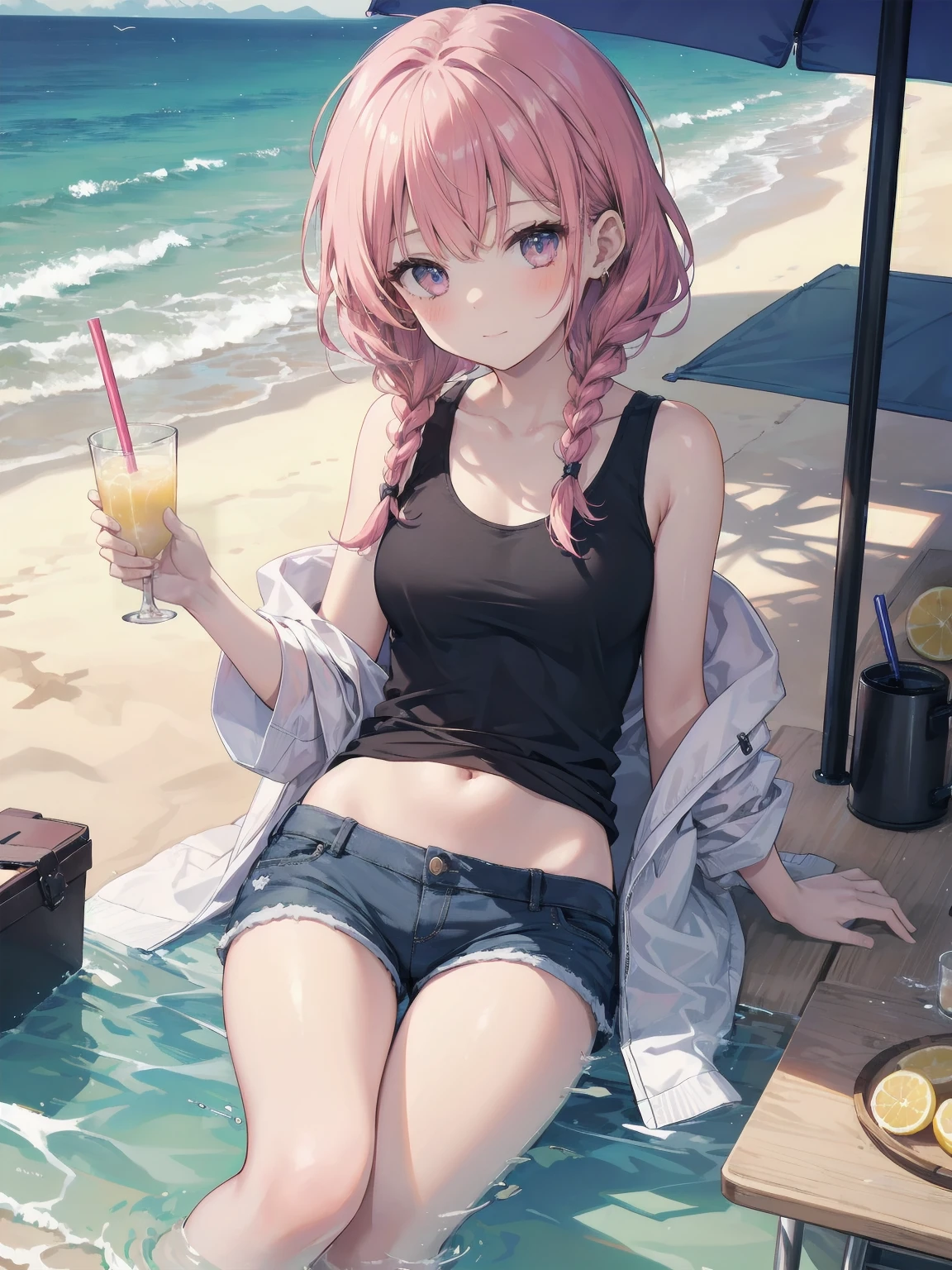 (Masterpiece: 1.2), (Best quality: 1.2), high resolution, detailed. BREAK. ((Cute girl with red hair in twin braids)), (1, pink tank top and shorts, , content expression: 1.3), drinking cold lemonade with straw, lying on beach towel. BREAK. Sunny beach, large umbrella, sandy beach, ocean with gentle waves, people playing in water. BREAK. ((Bright sunlight)), shimmering water, small portable fan nearby. BREAK. ((Positive: 1.3)). BREAK. Cheerful digital illustration, beach vacation mood