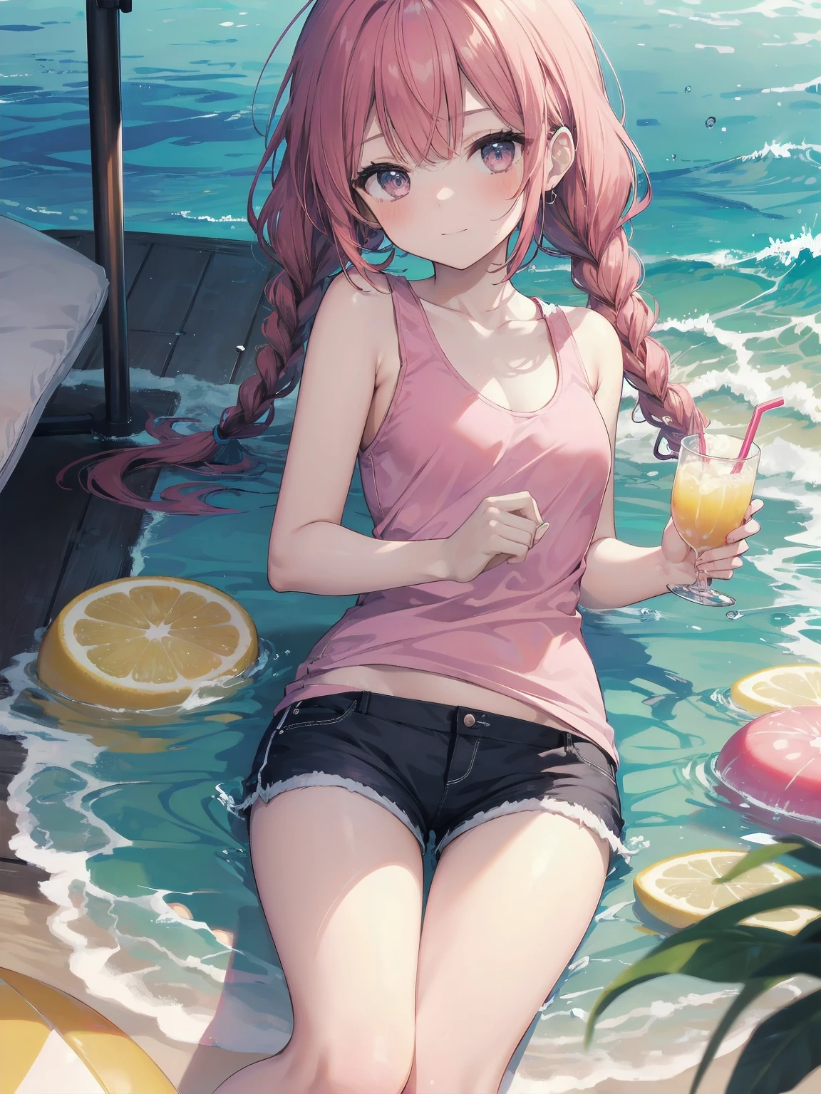 (Masterpiece: 1.2), (Best quality: 1.2), high resolution, detailed. BREAK. ((Cute girl with red hair in twin braids)), (1, pink tank top and shorts, , content expression: 1.3), drinking cold lemonade with straw, lying on beach towel. BREAK. Sunny beach, large umbrella, sandy beach, ocean with gentle waves, people playing in water. BREAK. ((Bright sunlight)), shimmering water, small portable fan nearby. BREAK. ((Positive: 1.3)). BREAK. Cheerful digital illustration, beach vacation mood