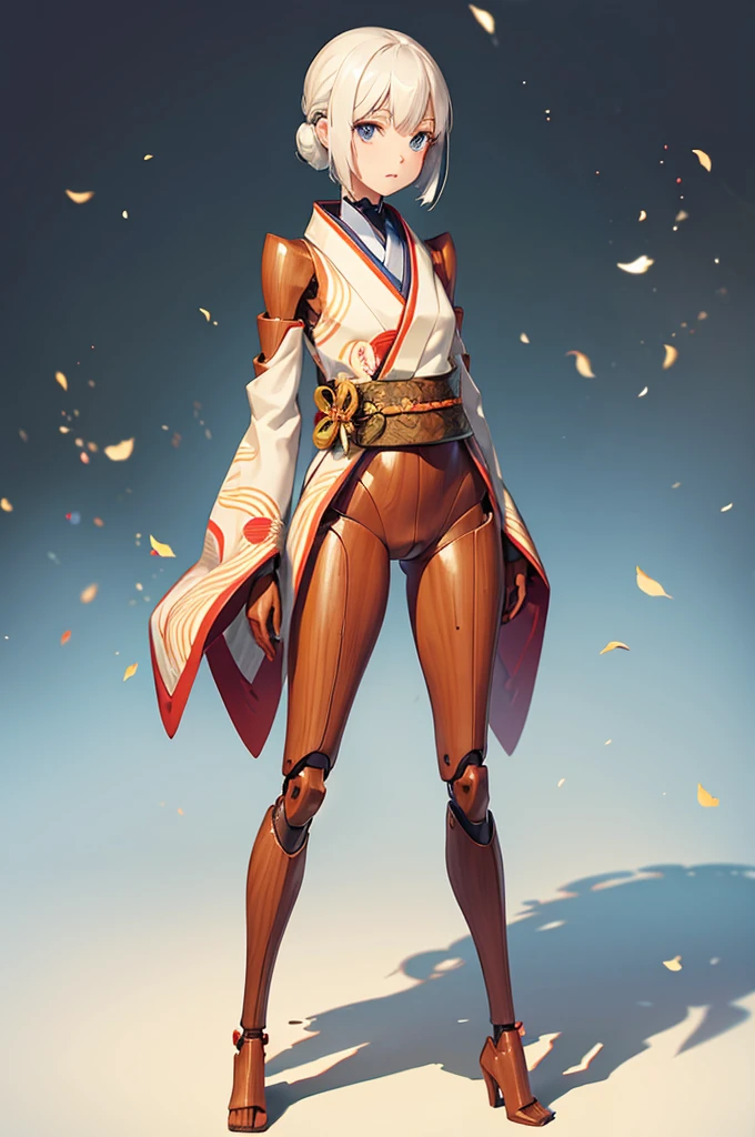Wooden Humanoid Robot,Wood grain body,Made to resemble a girl,wear the kimono,Young,An illustration