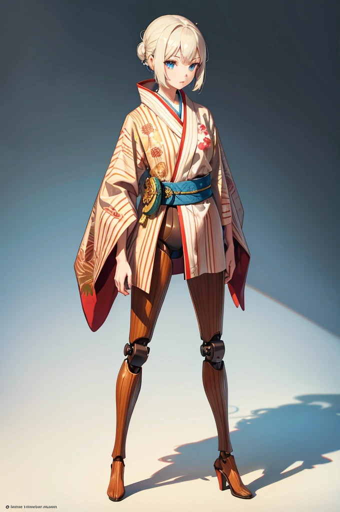 Wooden Humanoid Robot,Wood grain body,Made to resemble a girl,wear the kimono,Young,An illustration