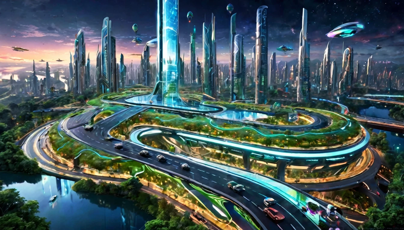 Technological city of the future,There is a path in the street.,Simplified Sci-Fi Building,Surrounded by greenery,river glow,Building shapes of various shapes.,Edificios de varieds colores.,Many people walk on the road.,Flying cars on the road.,People dressed in various luminous clothing.,varied,The road is made of a brilliant mirror-like reflection of glass.,There's a digital glass bridge in the air.,The screen mainly shows the crowd.,,technological architecture,sunny, Plant vegetation around buildings.,There are a dozen airships in the sky,exquisite。Colorful and rich colors,reflective luster,delete details,((high quality)),4k