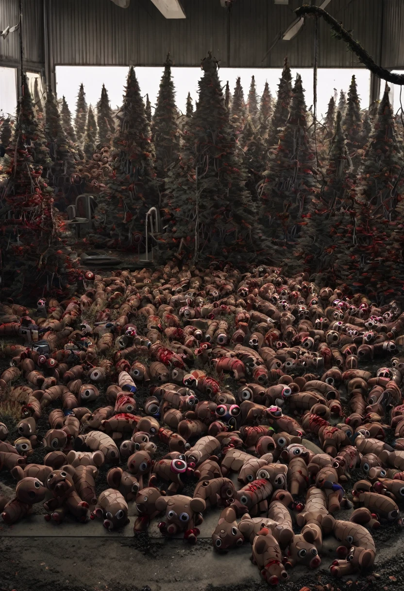 outside place factory dark and bloody ground living animals dolls inside and alot of half alive trees