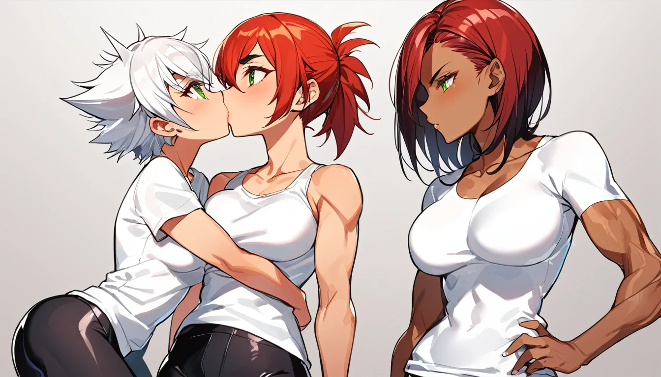 two girls, one girl, Saiyan, spiky white hair, green eyes, defined muscles, thin waist, wide hips, dark skin, medium breasts, tight clothes, white t-shirt, black pants, kissing, two girls kissing, the girls kiss
a girl, short red hair, tight and feminine clothes, would be kissing the other girl, kissing