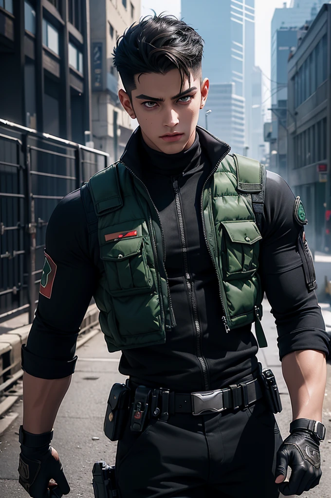 Create an image of Naruto wearing a military uniform inspired by the colors of the Palestinian flag. The uniform should clearly incorporate black, white, green, and red elements. Add the Shahada (لا إله إلا الله) on the front of his uniform, such as on the chest or sleeve. Naruto should look brave and ready for battle, with a pose that shows toughness and courage. Include military accessories like a tactical vest, boots, and gloves.The background of the image can depict a cityscape that shows symbols of resilience and hope, like walls with peaceful graffiti or the Palestinian flag waving. Ensure that all elements in the image reflect the spirit and struggle of the Palestinian people.Graduation Mode, anime-style animation mixed with modern Palestinian artwork in a modern cyberpunk fantasy world. Cinematic lighting, ethereal light, intricate details, highly detailed, amazing details, colorful, complex details, highly detailed and intricate, hypermaximalist, very detailed with rich colors. Masterpiece, highest quality, aerial view, HDR, UHD, unreal engine. Plump looking at the camera, smooth thighs, (sparkling jewelry) ((acrylic illustration, by artgerm, by kawacy, by John Singer Sargenti) dark fantasy background, sparkling jewelry, representative, fair skin, handsome face, rich in detail High quality, handsome, glamorous, 8k, super detailed, stunning light and shadow, detailed decorations, detailed lines."