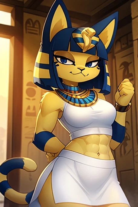 ((masterpiece)), ((best quality)), ((perfect face)), trending on artstation, furry, furry style , anthro style, digital artwork of a sexy ankha with rock hard abs, a bare midriff and a bare navel wearing a crop top of her sleeveless white dress with long white dress skirt, blue Egyptian handbands, yellow and blue fur, cat, tail, female, Egyptian setting, smug face