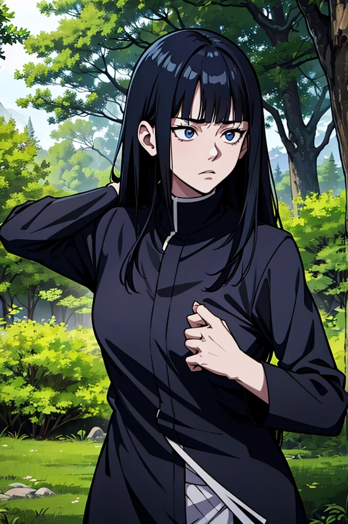 jujutsu kaisen screenshot of a woman with long straight black hair, with straight bangs, with slanted and small blue eyes, In a forest,with mature face, season 2, and with the jujutsu kaisen uniform