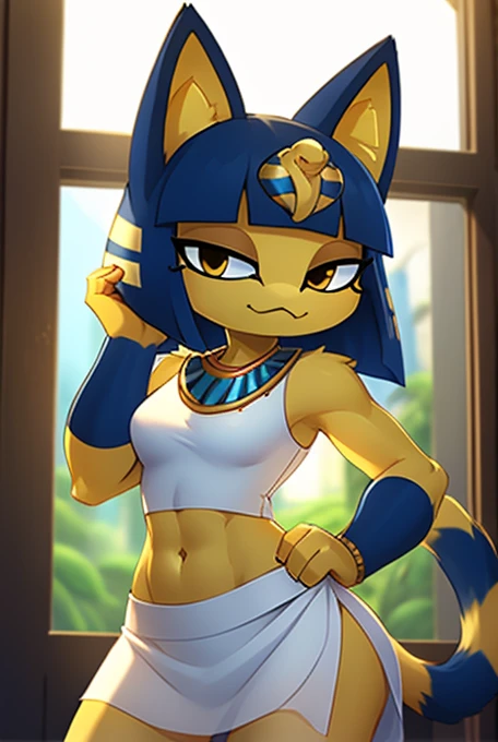 ((masterpiece)), ((best quality)), ((perfect face)), trending on artstation, furry, furry style , anthro style, digital artwork of a sexy ankha with rock hard abs, a bare midriff and a bare navel wearing a crop top of her sleeveless white dress with long white dress skirt, blue Egyptian handbands, yellow and blue fur, cat, tail, female, Egyptian setting, smug face