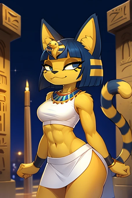 ((masterpiece)), ((best quality)), ((perfect face)), trending on artstation, furry, furry style , anthro style, digital artwork of a sexy ankha with rock hard abs, a bare midriff and a bare navel wearing a crop top of her sleeveless white dress with long white dress skirt, blue Egyptian handbands, yellow and blue fur, cat, tail, female, Egyptian setting, smug face