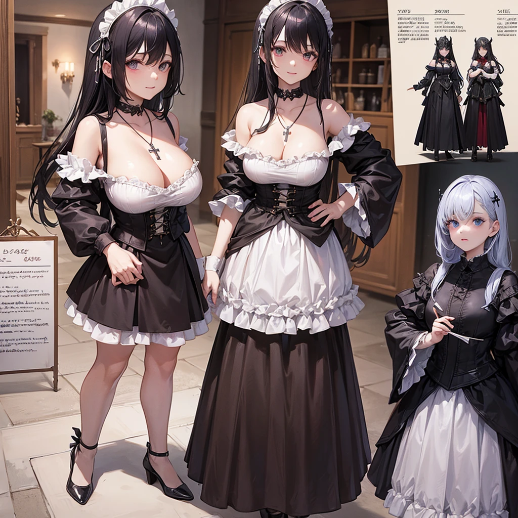 Maid clothes、 Medieval Fantasy、Magician Woman（Cross Necklace　noble）,vampire、 4 poses,(Character Sheet:1) (Multiple Views Full Body Upper Body Reference Sheet:1)