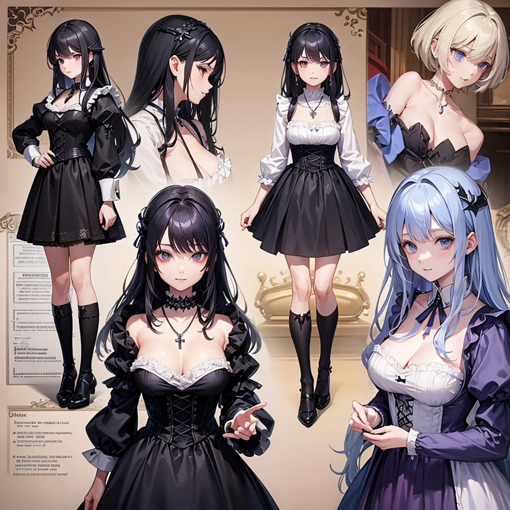 Maid clothes、 Medieval Fantasy、Magician Woman(Cross Necklace noble),vampire、 4 poses,(Character Sheet:1) (Multiple Views Full Body Upper Body Reference Sheet:1)