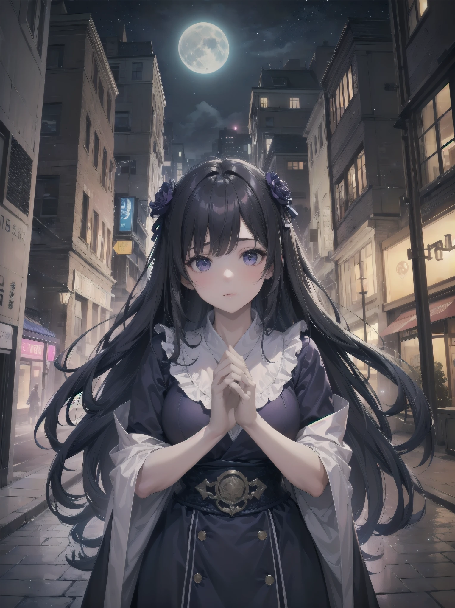 masterpiece, 8k, Highest quality, Very detailed, Purple & A beautiful girl in a blue magical robe with a moon motif、Close-up on the characters、(building, city、A dense fog of fluorescent particles、1800Era、Western style、Fiction、grow、Overwhelming、Detailed street)、A pretty woman with a beautiful background and a lovely pose