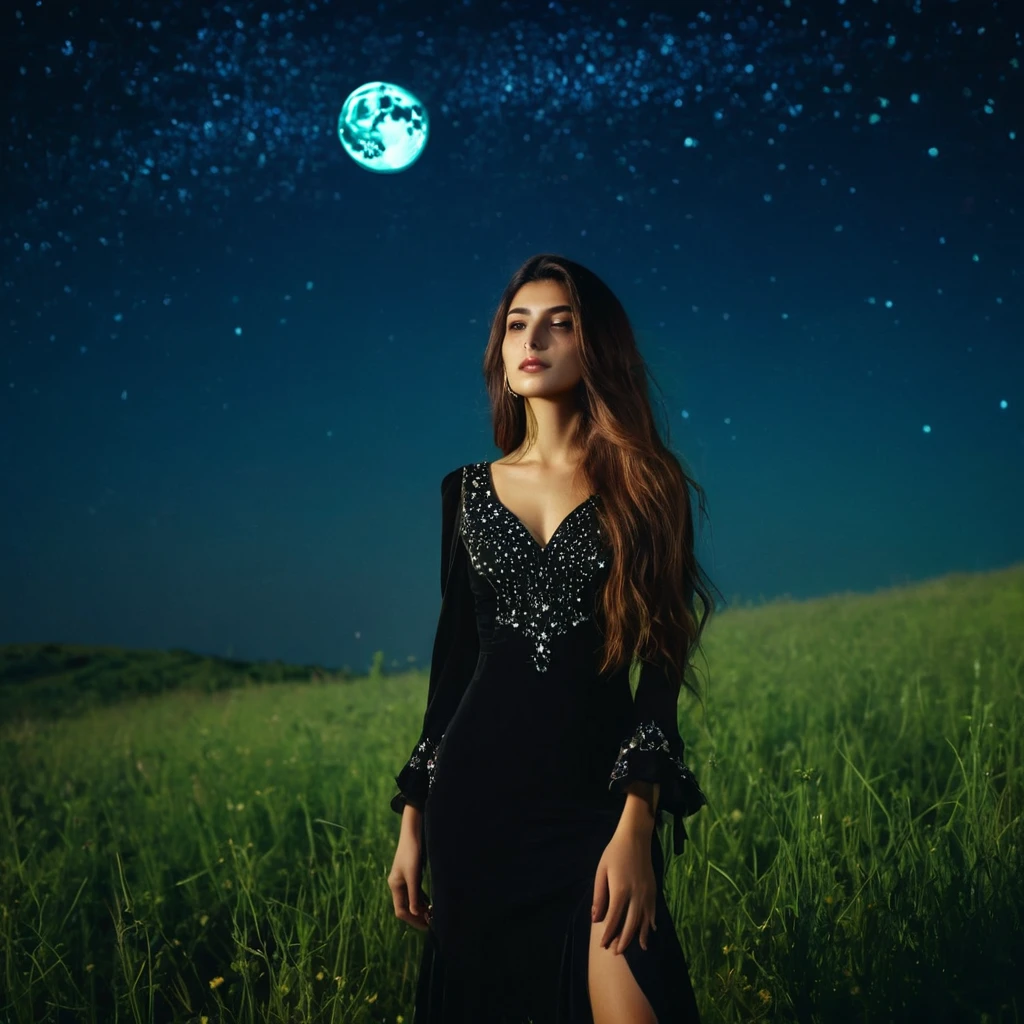 close up shot of beautiful lebanese girl with a very long hair wearing black dress standing in the meadow in moon light, looking to the stars, psychedelic, dreamy, cinematic
