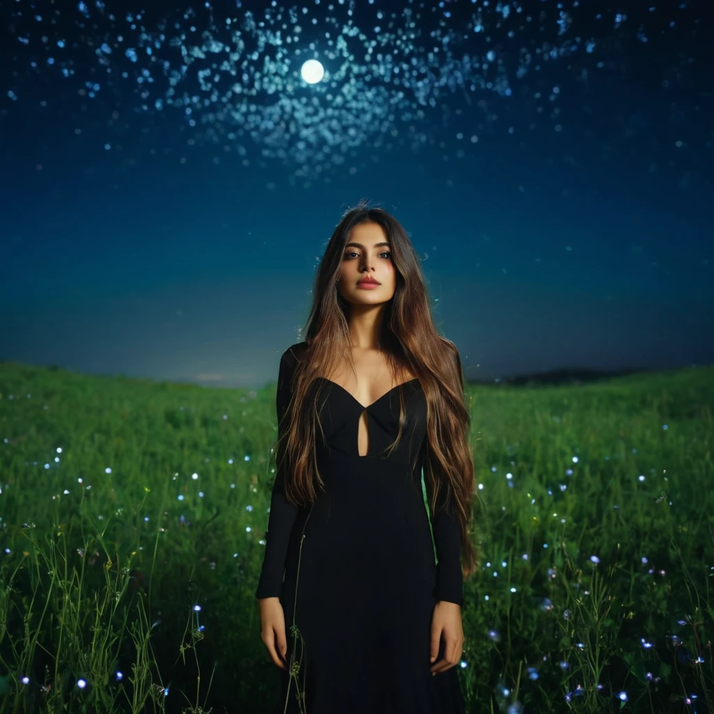 close up shot of beautiful lebanese girl with a very long hair wearing black dress standing in the meadow in moon light, looking to the stars, psychedelic, dreamy, cinematic

