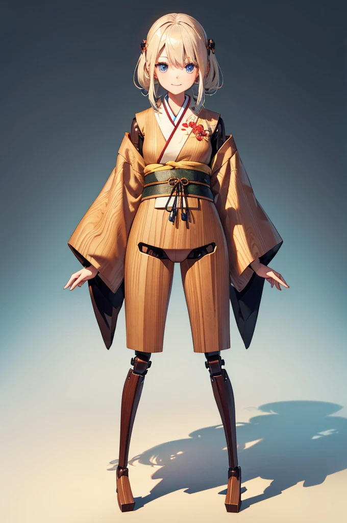 Wooden Humanoid Robot,Wood grain body,Made to resemble a girl,wear the kimono,Young,An innocent smile