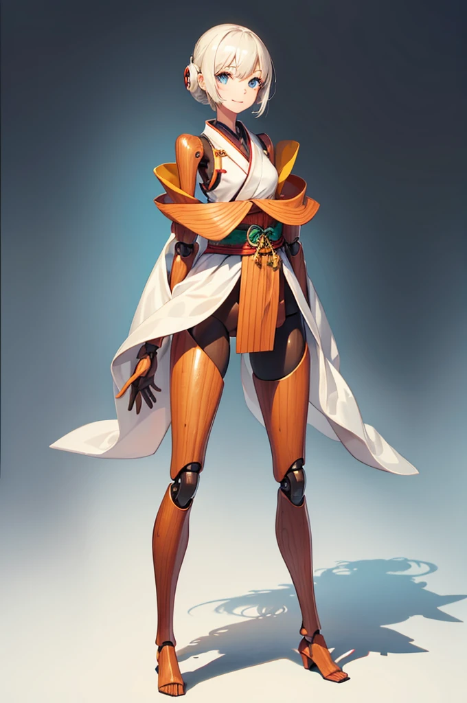Wooden Humanoid Robot,Wood grain body,Made to resemble a girl,wear the kimono,Young,An innocent smile