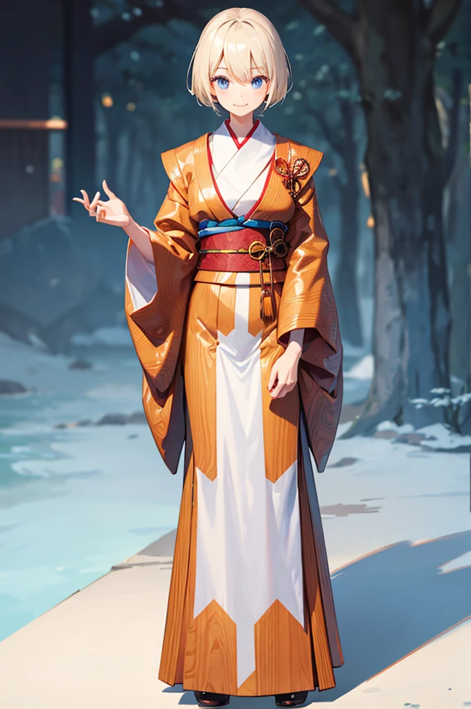 Wooden Humanoid Robot,Wood grain body,Made to resemble a girl,wear the kimono,Young,An innocent smile