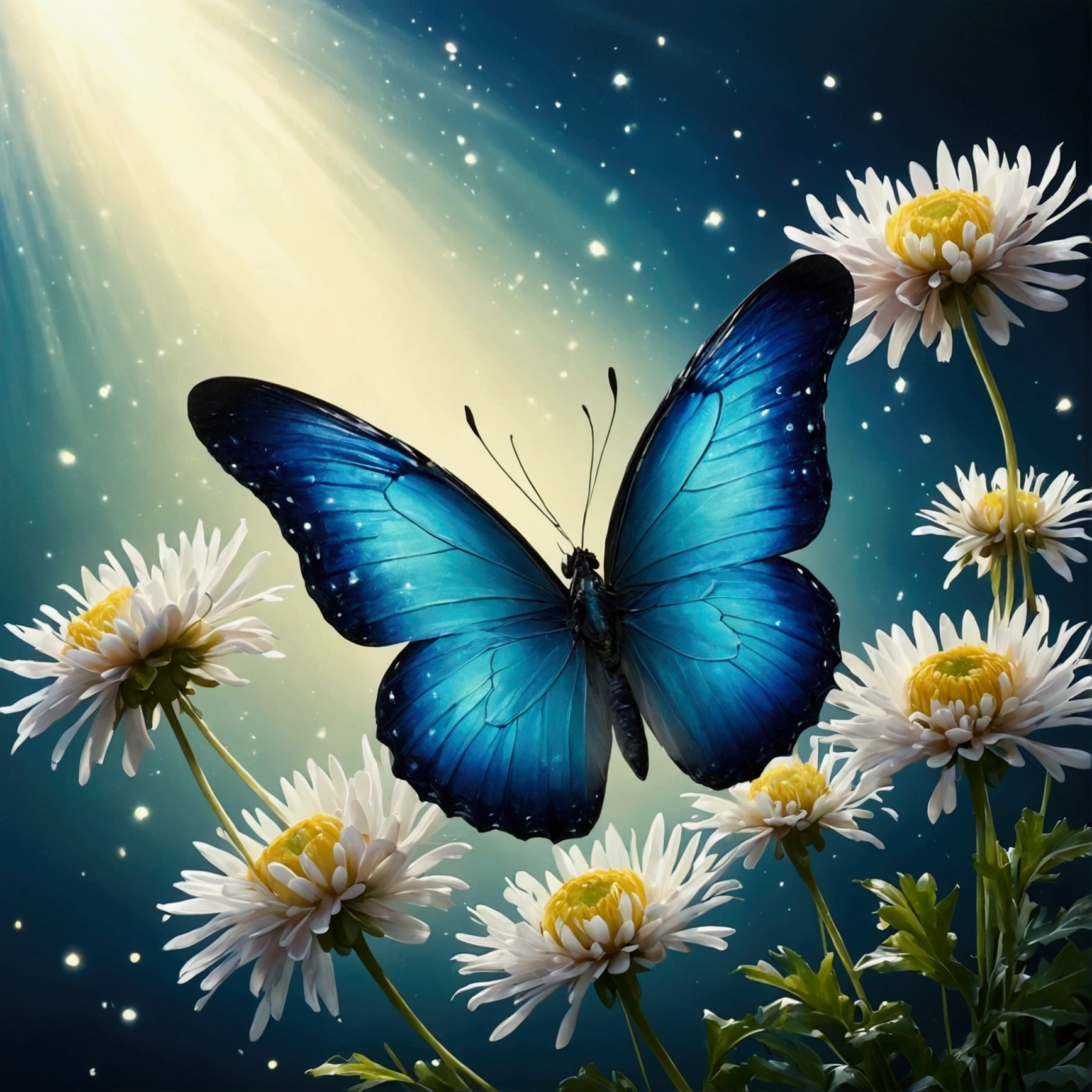 The background is verdigris,Everything is expressed in jewels, The arrival of spring, A variety of beautiful chrysanthemum flowers
, Beautiful butterfly,View from below, Falling from the sky々A gem, Amazingly beautiful scenery, Slightly hazy, wonderful, High resolution, 8k, (Highest quality, High resolution, Realistic:1.37), Shiny metallic flowers, Intricate and delicate petals, Reflective surface, Vibrant colors, Intricate details, Close-up view, 超Realisticな庭園, 超Realisticな美しさ, Dreamy atmosphere, Fine art, Abstract Plants, Metallic engraving, Contrasting Textures, Mysterious glow