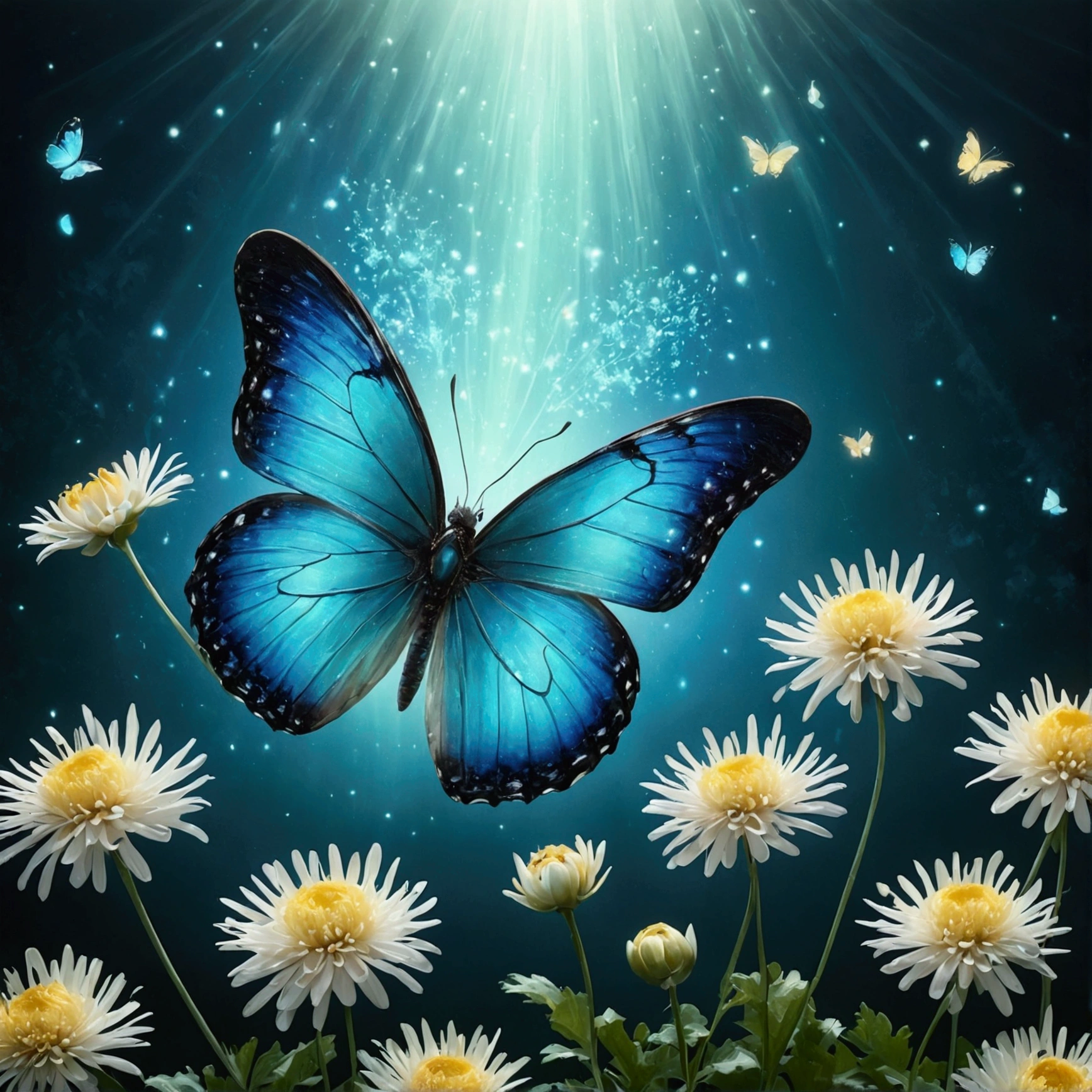 The background is verdigris,Everything is expressed in jewels, The arrival of spring, A variety of beautiful chrysanthemum flowers
, Beautiful butterfly,View from below, Falling from the sky々A gem, Amazingly beautiful scenery, Slightly hazy, wonderful, High resolution, 8k, (Highest quality, High resolution, Realistic:1.37), Shiny metallic flowers, Intricate and delicate petals, Reflective surface, Vibrant colors, Intricate details, Close-up view, 超Realisticな庭園, 超Realisticな美しさ, Dreamy atmosphere, Fine art, Abstract Plants, Metallic engraving, Contrasting Textures, Mysterious glow