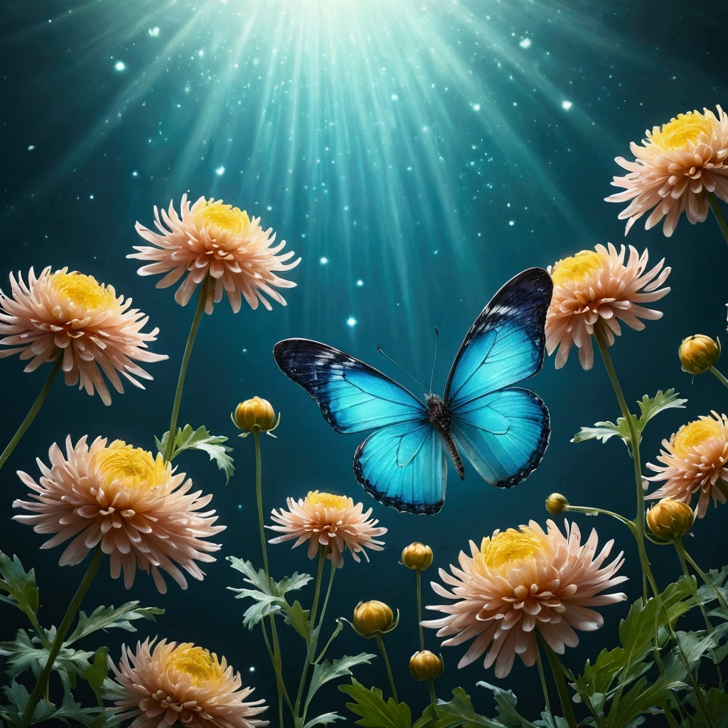 The background is verdigris,Everything is expressed in jewels, The arrival of spring, A variety of beautiful chrysanthemum flowers
, Beautiful butterfly,View from below, Falling from the sky々A gem, Amazingly beautiful scenery, Slightly hazy, wonderful, High resolution, 8k, (Highest quality, High resolution, Realistic:1.37), Shiny metallic flowers, Intricate and delicate petals, Reflective surface, Vibrant colors, Intricate details, Close-up view, 超Realisticな庭園, 超Realisticな美しさ, Dreamy atmosphere, Fine art, Abstract Plants, Metallic engraving, Contrasting Textures, Mysterious glow