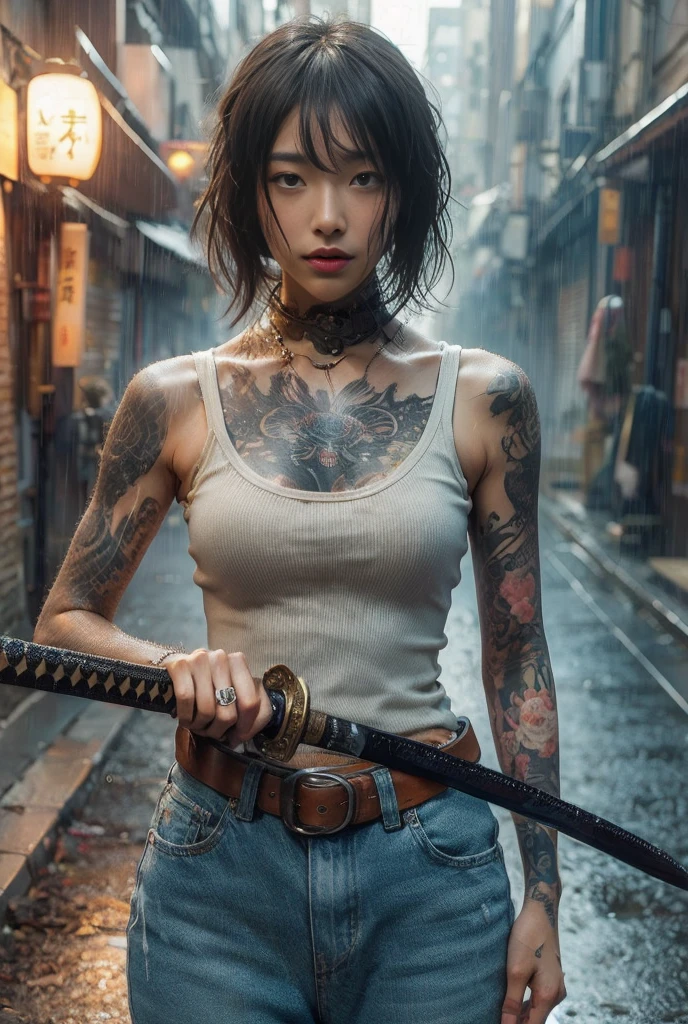 8k,Realistic Skin Texture、Superrealism、Realistic Photo、Japanese women、、Standing with a Japan sword、draw oneself up to one's full height.、The tip of the sword is pointed towards me、Tank top,Oversized jeans、sneakers、Shinjuku Back Alley、Innovative composition、Full body photo、、A wistful look、Tattoo、rain