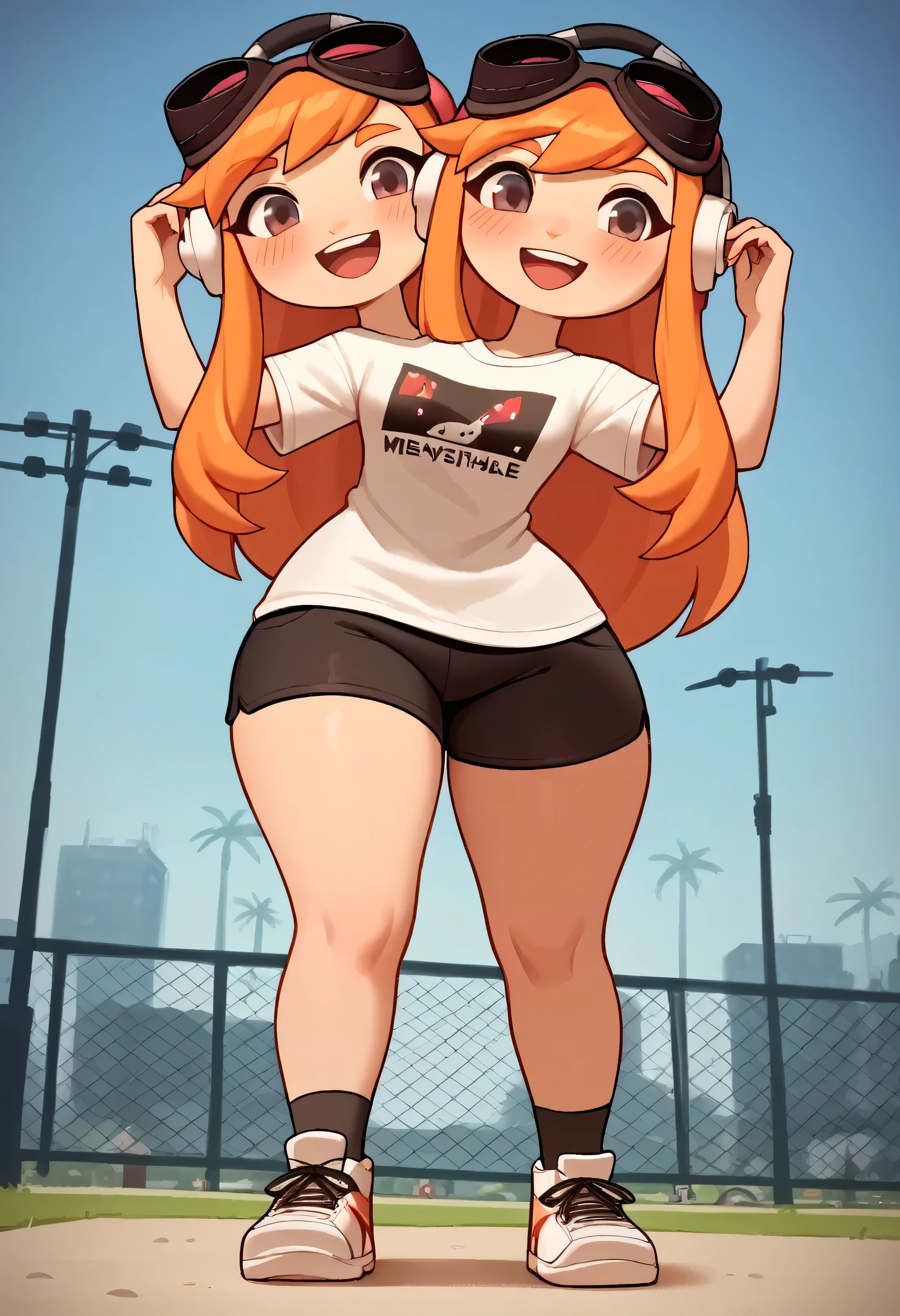masterpiece, best quality, meggy, orange hair, headphones, goggles on head, white hoodie, black t-shirt, black spandex shorts, sneakers, low angle, tall slender body, wide hips, thicc thighs, happy, blushing, out of focus background, shaking hips, dance ((two heads))