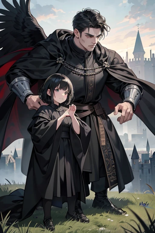 High quality masterpiece, super detailed, super emotion detailed, castle with grass, cold colours dramatic lighting, movie scene, anime style, perfect face, clean eyes, Middle Ages, clean emotions, full body! A cold mean man with black short curly hair, in expensive black Loose robe, with gray shining eyes, he is dark lord, he is cool. He is looking with warm smile to his adult daughter who also has black hair. super quality, 4K, clean eyes, super quality ever! detailed emotions! dark fantasy!, middle ages! They look happy, clear eyes, he is with his adult daughter!!!!!