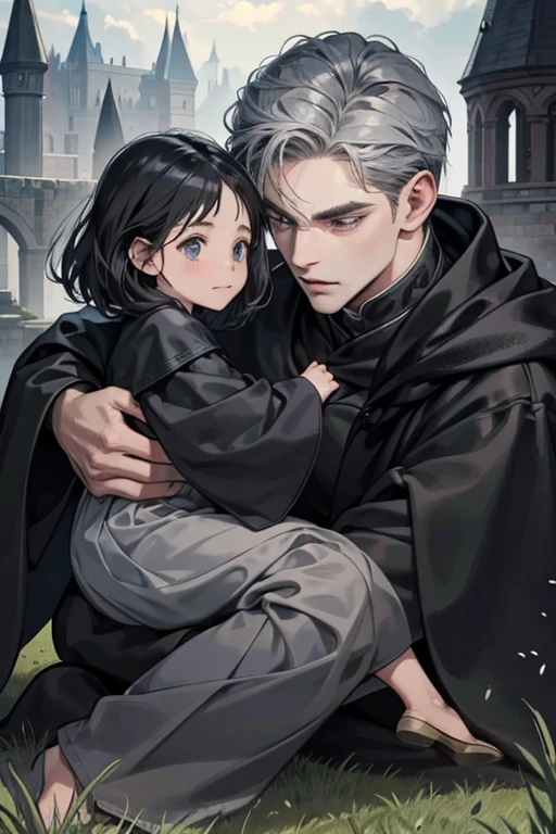 High quality masterpiece, super detailed, super emotion detailed, castle with grass, cold colours dramatic lighting, movie scene, anime style, perfect face, clean eyes, Middle Ages, clean emotions, full body! A cold mean man with black short curly hair, in expensive black Loose robe, with gray shining eyes, he is dark lord, he is cool. He is looking with warm smile to his adult daughter who also has black hair. super quality, 4K, clean eyes, super quality ever! detailed emotions! dark fantasy!, middle ages! They look happy, clear eyes, he is with his adult daughter!!!!!