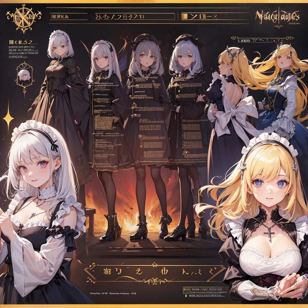 Maid clothes、 Medieval Fantasy、Magician Woman(Cross Necklace noble),vampire、 4 poses,(Character Sheet:1) (Multiple Views Full Body Upper Body Reference Sheet:1)