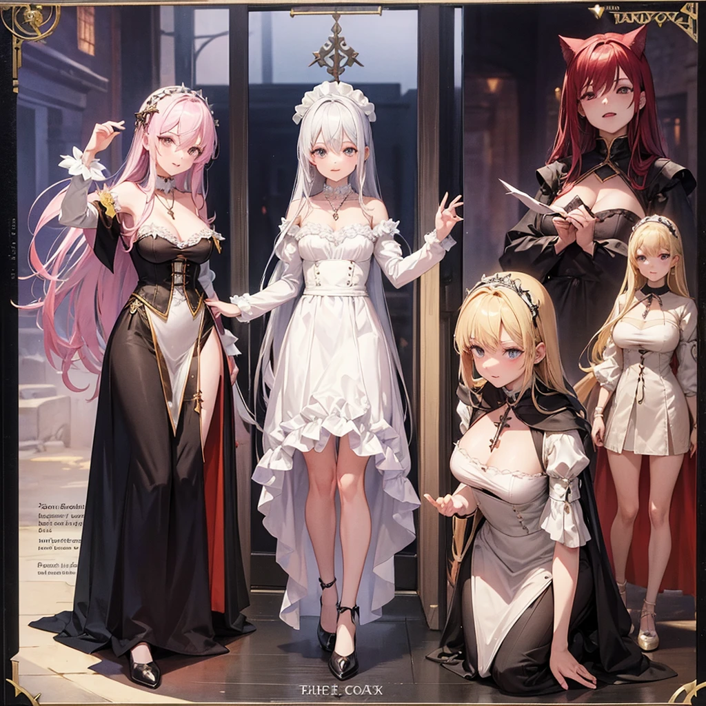 Maid clothes、 Medieval Fantasy、Magician Woman(Cross Necklace noble),vampire、 4 poses,(Character Sheet:1) (Multiple Views Full Body Upper Body Reference Sheet:1)