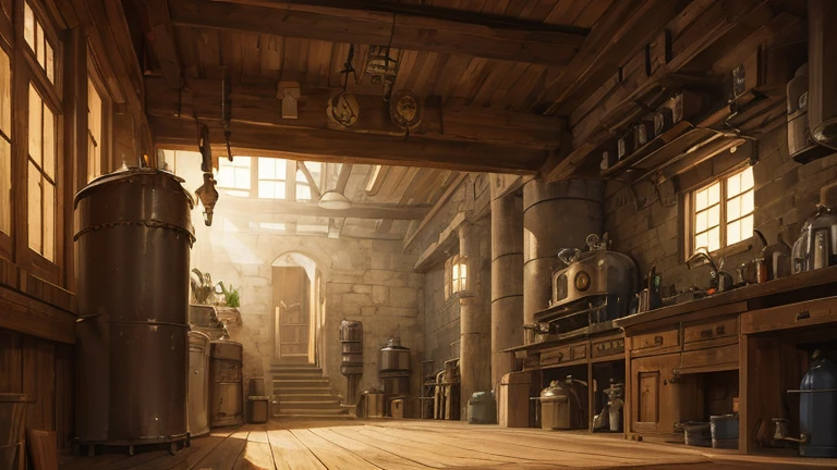ghibli steampunk boiler room interior, medieval low fantasy setting
