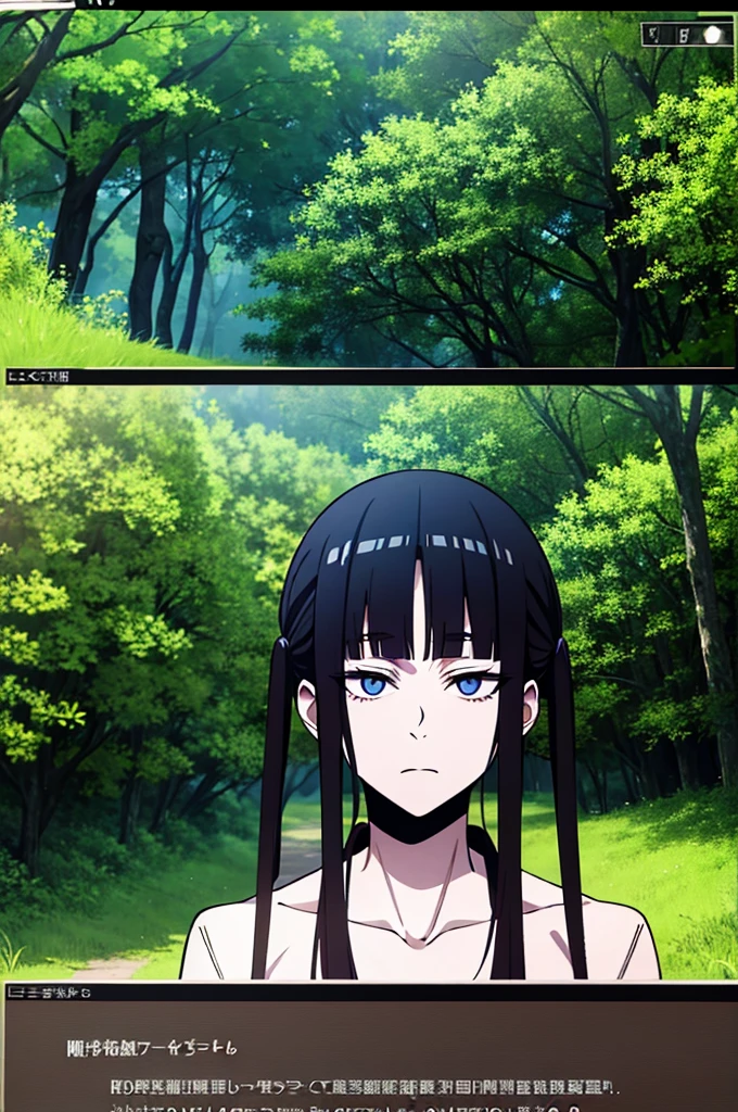 jujutsu kaisen screenshot of a woman with long straight black hair, with straight bangs, with slanted and small blue eyes, In a forest,with mature face, season 2, and with the jujutsu kaisen uniform 