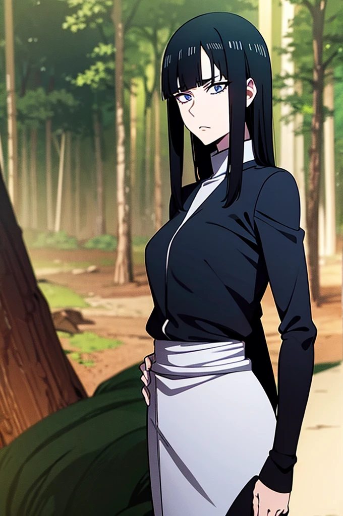 jujutsu kaisen screenshot of a woman with long straight black hair, with straight bangs, with slanted and small blue eyes, In a forest,with mature face, season 2, and with the jujutsu kaisen uniform