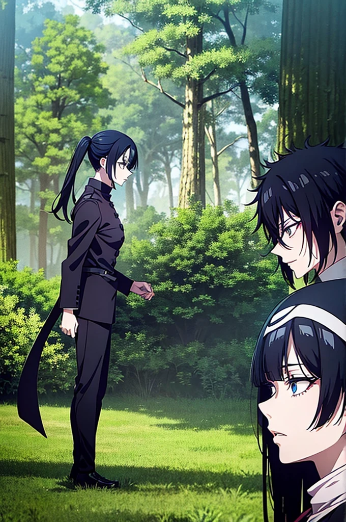 jujutsu kaisen screenshot of a woman with long straight black hair, with straight bangs, with slanted and small blue eyes, In a forest,with mature face, season 2, and with the jujutsu kaisen uniform 
