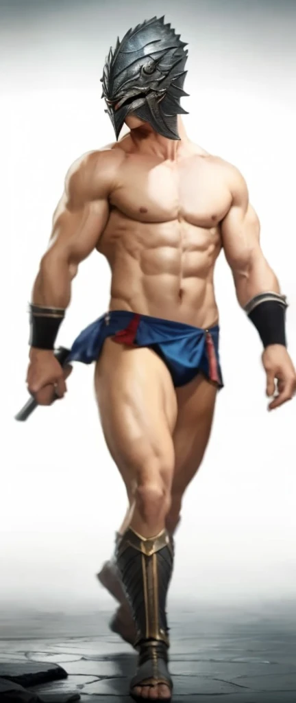 a muscular gladiator, steel fish-shaped helmet, dueling in an arena, extremely detailed, hyper-realistic, cinematic lighting, volumetric fog, nude, dramatic pose, intricate armor, rippling muscles, intense expression, arena crowds, dust particles, dramatic shadows, warm color palette, chiaroscuro lighting, epic fantasy, digital art, octane render