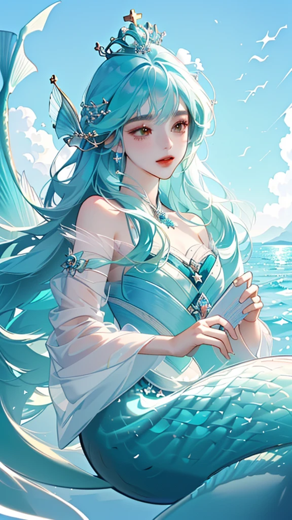 a Mermaid with long hair and a crown is swimming in the ocean, beautiful Mermaid, Mermaid, Goddess of the Sea, Queen of the Sea Mu Yanling, Goddess of the Sea, Wallpaper Anime Blue Water, Mermaid body, a Mermaid in the sea, Asian female water spirit, Jan J, mobile wallpaper, emma watson as sea Mermaid, Mermaids and fish high resolution, Long Hair, Gauze, Highest quality, gauze, Star Hair Accessories, Ultra high definition, Colorful Hair, Gradient color hairstyle,