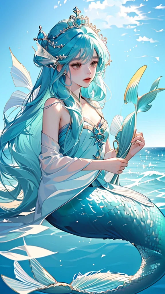 a Mermaid with long hair and a crown is swimming in the ocean, beautiful Mermaid, Mermaid, Goddess of the Sea, Queen of the Sea Mu Yanling, Goddess of the Sea, Wallpaper Anime Blue Water, Mermaid body, a Mermaid in the sea, Asian female water spirit, Jan J, mobile wallpaper, emma watson as sea Mermaid, Mermaids and fish high resolution, Long Hair, Gauze, Highest quality, gauze, Star Hair Accessories, Ultra high definition, Colorful Hair, Gradient color hairstyle, 
