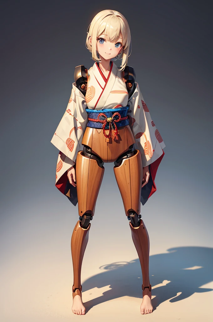 Wooden Humanoid Robot,Wood grain body,Made to resemble a young girl,wear the kimono,Young,An innocent smile